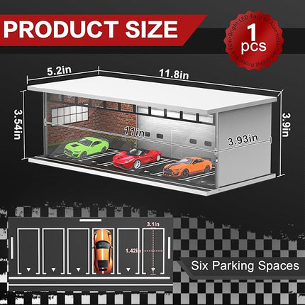 1/64 Scale Diecast Display Case for Hot Wheels Matchbox Cars, Toy Car Model Mini Garage with LED Light and Acrylic Cover, Stackable Parking Lot Diorama Storage for Collection Present