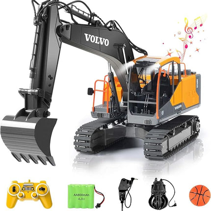 DOUBLE E Volvo RC Excavator 17 Channel 3 in 1 Construction Toys, 17 Channel Remote Control Vehicles Tractor Sandbox Toys Digger with Metal Shovel Drill Grab RC Truck for Kids Adults