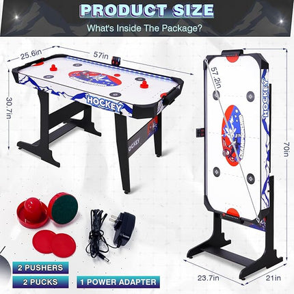 57" LED Light-Up Air Hockey Table, Foldable Arcade Style Air Hockey Game Set w/Accurate Electronic Scoring, in Line Power Switch, Powerful Motor for Kids Adults, Home Game Room