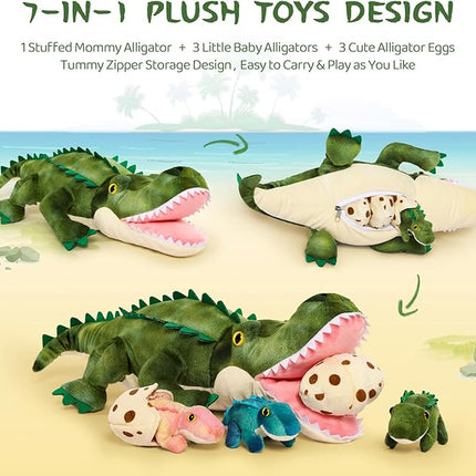 MorisMos Plush Alligator Stuffed Animal with Babies,23.6'' Mommy Stuffed Alligator with 3 Baby Crocodile Animals & 3 Plush Eggs,Lifelike Crocodile Toys for Kid 3-5 Birthday Decor
