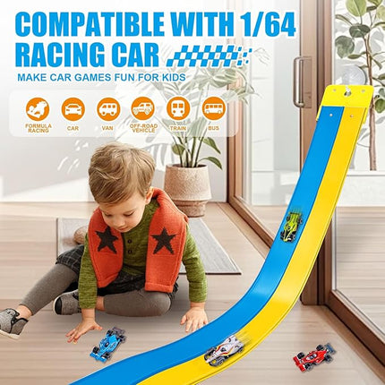 Flexible Race Track Toys for Kids 15 Ft with 4 Cars & Suction Cups, Portable Double Lane Racetrack Compatible with Hot Wheels & 1/64 Diecast Cars, Fun Car Ramp Track Set for Ages 3+(Blue & Yellow)