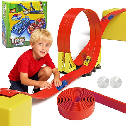 19ft Build Anywhere Portable Race Track with Suction Cups - Flexible Roll-Up Design Fits 1/64 Scale Cars, Portable Toy Gift for Kids 4+ Year Old