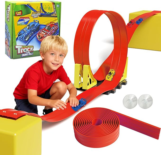 19ft Build Anywhere Portable Race Track with Suction Cups - Flexible Roll-Up Design Fits 1/64 Scale Cars, Portable Toy Gift for Kids 4+ Year Old