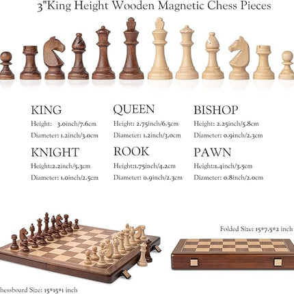 A&A 15" Magnetic Wooden Chess Set, Handmade 3" King Height Knight Staunton Chess Pieces with 2 Extra Queen, Folding Portable Travel Game Set