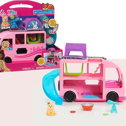 Barbie Pet Camper Playset with Pair of 1.5-inch Pet Figures, 11-pieces, Toy Figures and Playset, Kids Toys for Ages 3 Up by Just Play