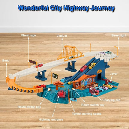 Toy Car Ramp Track, Climbing Hills Railcar Colorful Vehicles Construction Play Set with 12 Mini Racer Cars for Kids 3+(City)