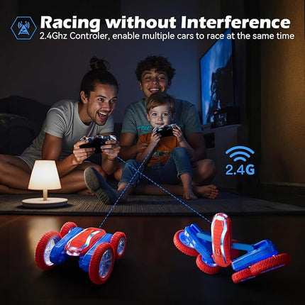 Remote Control Car, Sunt RC Cars for Kids Boys Girls 4-6 7-12 RTR 4WD with 360 Rotation, Double Sided, LED Lights, Music, 2.4Ghz 4, 2 Rechargable Batteries 40Mins Play Christmas Toy Gifts