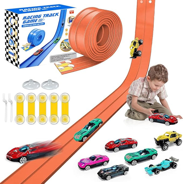 16Ft Flexible Race Track for Kids, Race Car Ramp Track Compatible with Hot Wheel and Diecast 1/64th Cars, Portable Roll Up Race Tracks with Strong Suction Cups - Orange