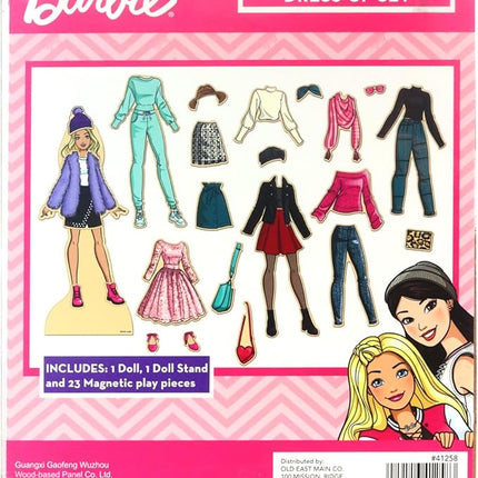 Barbie Magnetic Wooden Dress Up Toy – Pretend Play Set with Wooden Barbie Doll, Mix & Match Outfits & Storage Box – Educational Magnetic Toy for Girls Ages 3+