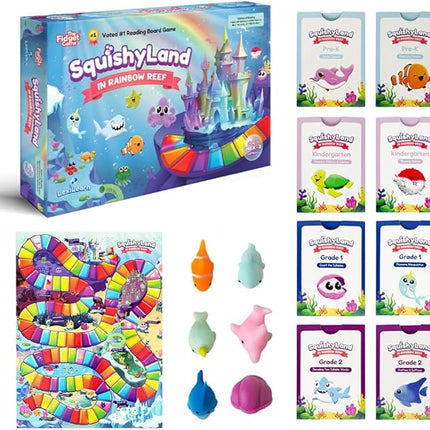 The Fidget Game SquishyLand in Rainbow Reef - Educational & Phonics Learning Activities for Children in Pre-K to 2nd Grade - Mochi Squishy Toys Set with Board Game (2-6 Players) & Card Packs Included