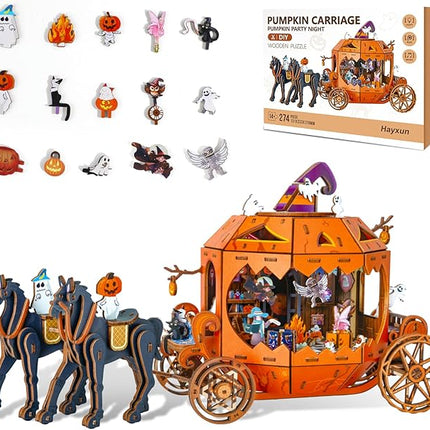 Halloween 3D Wooden Puzzles for Adults, 274 PCS Pumpkin Carriage Puzzle Kit Model with Lights, Music Box & Running Carriage, Boo Basket Stuffers Halloween Decor Indoor