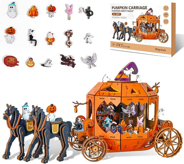 Halloween 3D Wooden Puzzles for Adults, 274 PCS Pumpkin Carriage Puzzle Kit Model with Lights, Music Box & Running Carriage, Boo Basket Stuffers Halloween Decor Indoor