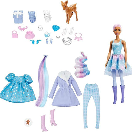 Barbie Color Reveal Advent Calendar, 1 Color Reveal Doll & 3 Pets, Clothes, Accessories & 2 Hair Extensions, 25 Surprises, for Kids