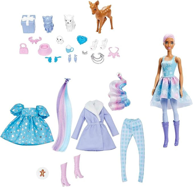 Barbie Color Reveal Advent Calendar, 1 Color Reveal Doll & 3 Pets, Clothes, Accessories & 2 Hair Extensions, 25 Surprises, for Kids