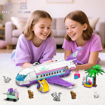 HOGOKIDS 3-in-1 Friends Airplane Building Toy Set - 808PCS Plane/Boat/Camper Van Building Toys with Cute 6 Mini Animals, Slide, Fun Accessories and Stickers, Birthday Gifts for Girls Boys Age 8-12+