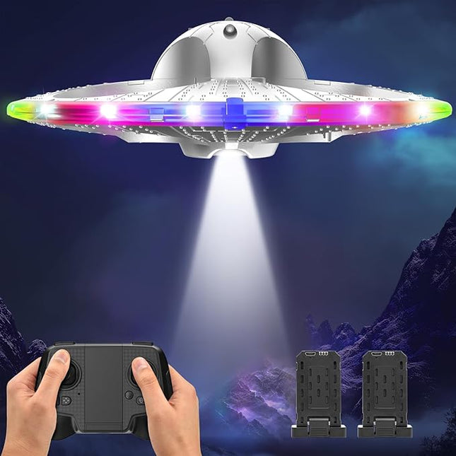 Foam UFO Drone for Kids – RC Plane with Colorful LED Lights, Remote Control Helicopter with Auto Hover, 2 Batteries (15 Mins Flight)