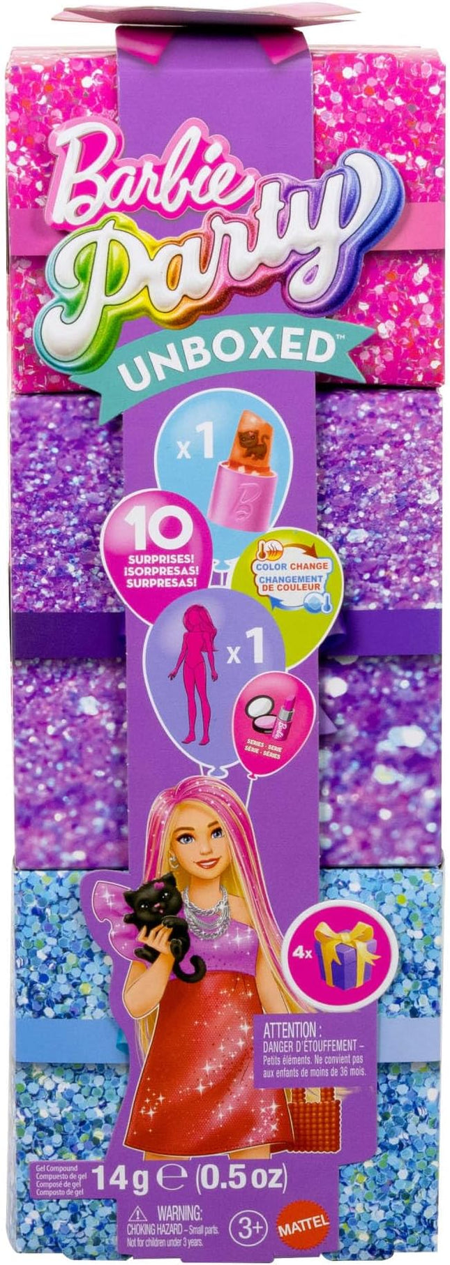 Barbie Party Unboxed Doll & Accessories, Glam Party Series with 10 Surprises Including Color-Change, Red Sparkle Doll