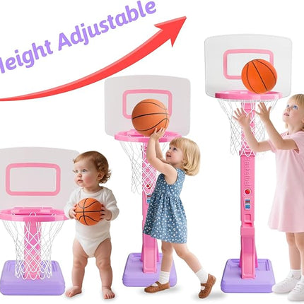 Toddler Girl Basketball Hoop Indoor Pink Adjustable Mini Basketball Goal with Ball Pump for Outdoor Poolside Toys Backyard Game Outside Basketball Toy for Kids Age 3-5 6 7 4-8 Birthday Gift