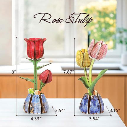 Jege 3D Flowers Wooden Puzzles for Adults,DIY Wooden 2 Flowers per Kit Building Set for Home Decor, Creative Craft Gift Toys Kits with 2 Perfume Bottles and Diffuser Sticks (Rose + Tulip)