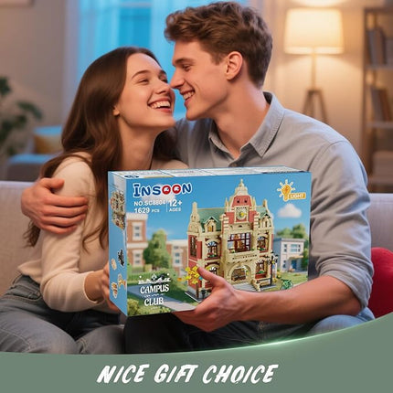 University Club House Building Set with Light,1629PCS City Campus Architecture Model with Painting Drama Baking Music Club, Home Decor Construction Building Block Gift for Adults Boys Girls 12+