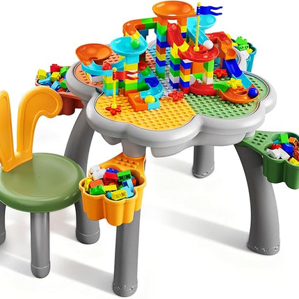 OCATO Kids Toddler Table and Chair Set: Sensory Activity Tables with Rabbit Chairs and Large Marble Run Building Blocks Storage All in One Play Sand Water Table 3 4 5 6 Year Old Boy Girl Toys Gifts