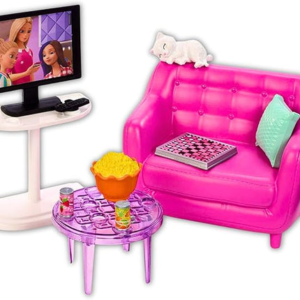 Barbie Indoor Furniture Playset, Living Room Includes Kitten, Furniture and Accessories for Movie and Game Night