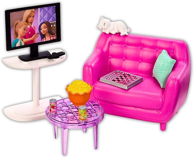 Barbie Indoor Furniture Playset, Living Room Includes Kitten, Furniture and Accessories for Movie and Game Night