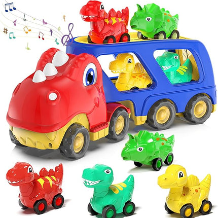 Toddler Car Toy for 2 3 4 5 Years Old, Dinosaur Transport Carrier Truck with 4 Pack Small Pull Back Dino Car, Friction Power Vehicle Christmas Birthday Gift for 18M+ Kids Boys Girls