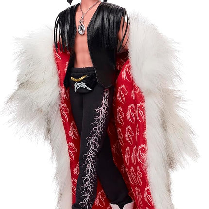 Barbie The Movie Collectible Ken Doll Wearing Big Faux Fur Coat and Black Fringe Vest with Bandana