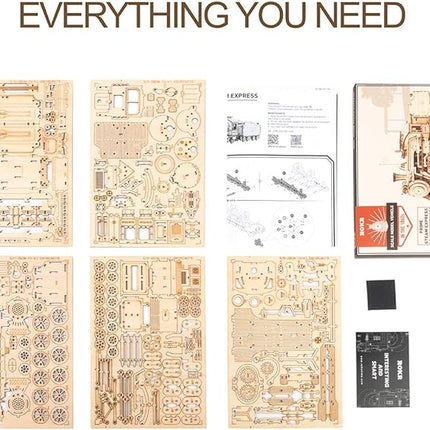 ROKR 3D Wooden Puzzle for Adults-Mechanical Train Model Kits-Brain Teaser Puzzles-Vehicle Building Kits-Unique Gift for Teens on Birthday/Christmas Day(1:80 Scale)(MC501-Prime Steam Express)