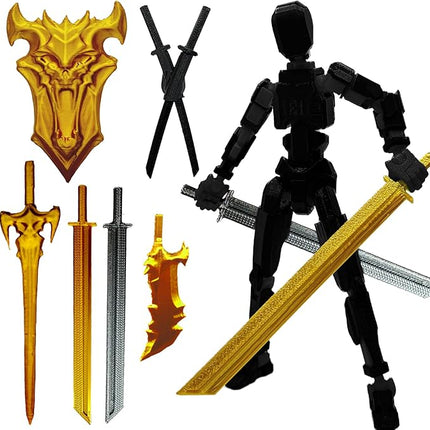 3D Printed 5.54-inch Multi-Jointed Action Figures Dummy13, Full Body Mechanical Movable Toy, Multiple Accessories, Hand Painted Figure, Desk Decoration, Creative Gifts (Pure Black)