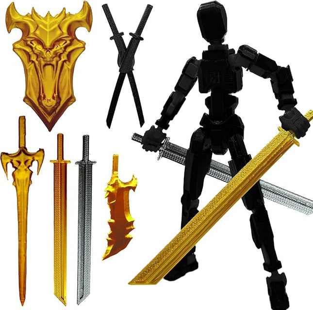 3D Printed 5.54-inch Multi-Jointed Action Figures Dummy13, Full Body Mechanical Movable Toy, Multiple Accessories, Hand Painted Figure, Desk Decoration, Creative Gifts (Pure Black)