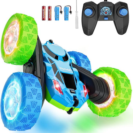Remote Control Car for Kids RC Stunt Cars with Cool Wheel Lights 360° Rotating Boys Toys for Ages 6 7 8 9 10-12 Kids Gift Ideal(Blue&Green)