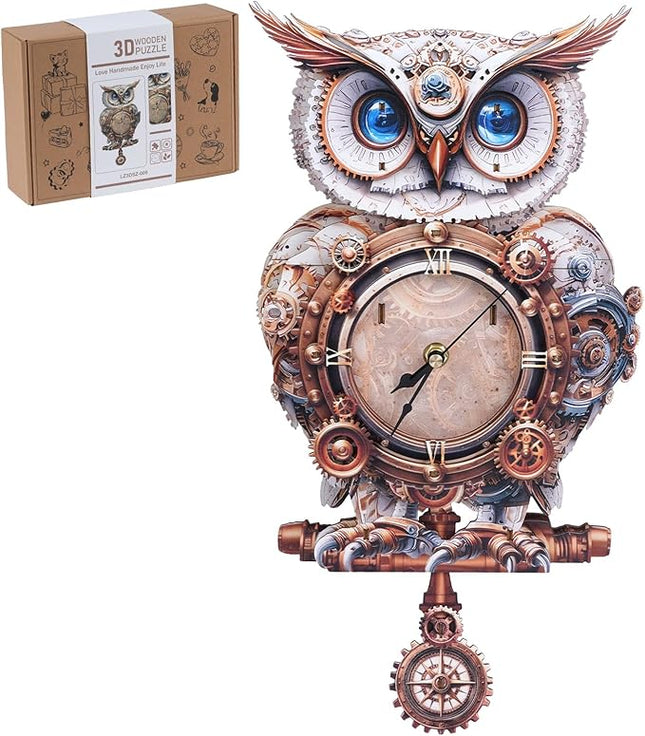3D Wooden Puzzles for Adults, 3D Puzzle Owl Clock Kit (with Pendulum), Mechanical Owl 3D Puzzles for Adults Crafts for Adult Home Decor Clock Puzzle Gifts for Women Men