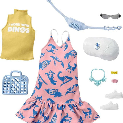 Barbie Clothing & Accessories Inspired by Jurassic World 10 Storytelling Pieces Dolls: Sleeveless Top & Sundress Tote, Hat, Fanny Pack, Sunglasses & More, Gift for 3 to 8 Year Olds