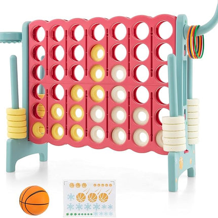 Costzon Giant 4-in-A-Row, Jumbo 4-to-Score Giant Game w/Basketball Hoop, Ring Toss, Quick-Release Slider, 42 Jumbo Rings, Indoor Outdoor Family Connect Game for Kids & Adults, Backyard Games