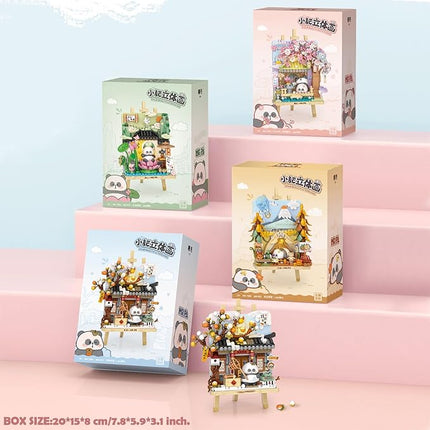 MEIEST Panda Mini Building Blocks Cute 3D Painting Model Set,Creative 4 Seasons' Views Collection Construction Building Bricks Toy,Home Decor (Spring-Cherry Blossom)