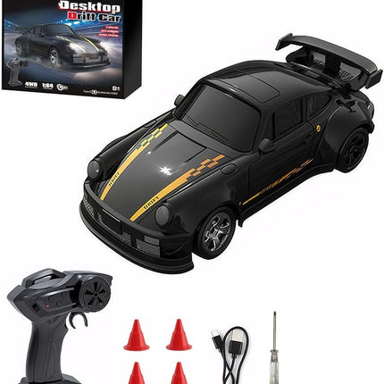 Mini RC Drift Car with Lights, 1:64 4WD 2.4GHz Remote Control Car for Kids Adults (Black)