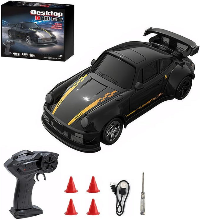 Mini RC Drift Car with Lights, 1:64 4WD 2.4GHz Remote Control Car for Kids Adults (Black)