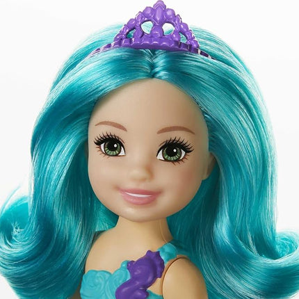 Barbie Dreamtopia Chelsea Mermaid Doll with Teal Hair & Tail, Royal Headband Accessory, Small Doll Bends at Waist