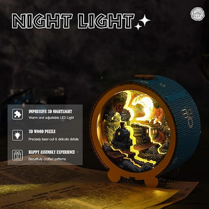 3D Puzzle Nightlight-DIY LED Light Wooden Puzzle-Art Lamp and Craft Kits for Kids and Adults-Birthday Gifts Toys-Home Desk Decor Family Game (Steam Train)