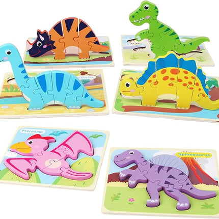 SYNARRY 6 Pack Dinosaur Wooden Puzzles for Kids 3-5, Wooden Puzzles for Toddlers, Dinosaur Educational Puzzles for Toddlers 3 4 5 Year Old, Easter Basket Stuffers Valentines Day Gifts for Kids