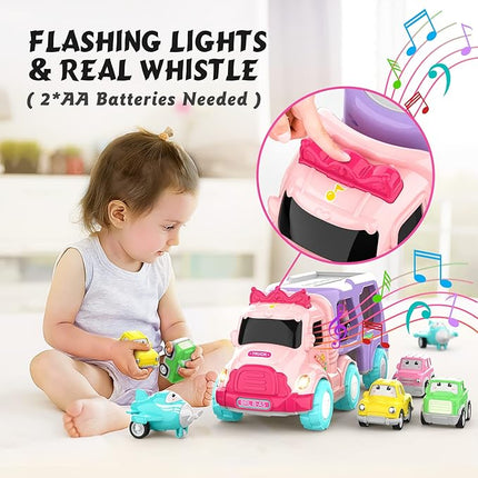 Toys for 1 2 3 Year Old Girl, 5-in-1 Carrier Truck for Toddler Girl, Friction Power Toy Cars with Light & Sound, Birthday Gifts, Pink