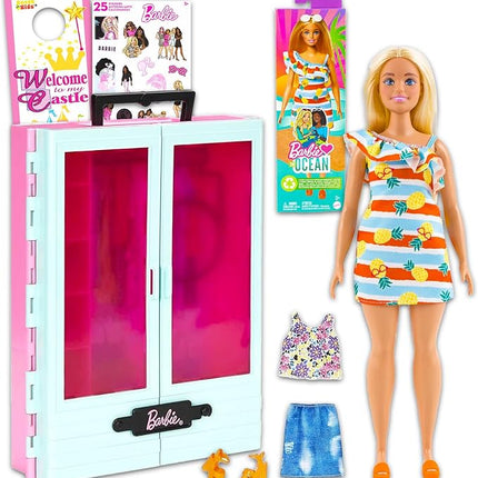 Barbie Closet Playset and Doll - Bundle with Closet, 3 Outfits, 2 Pairs of Shoes, 2 Purses, Necklaces, Beach Doll, Stickers, More | Barbie Dress Up Accessories Set for Girls
