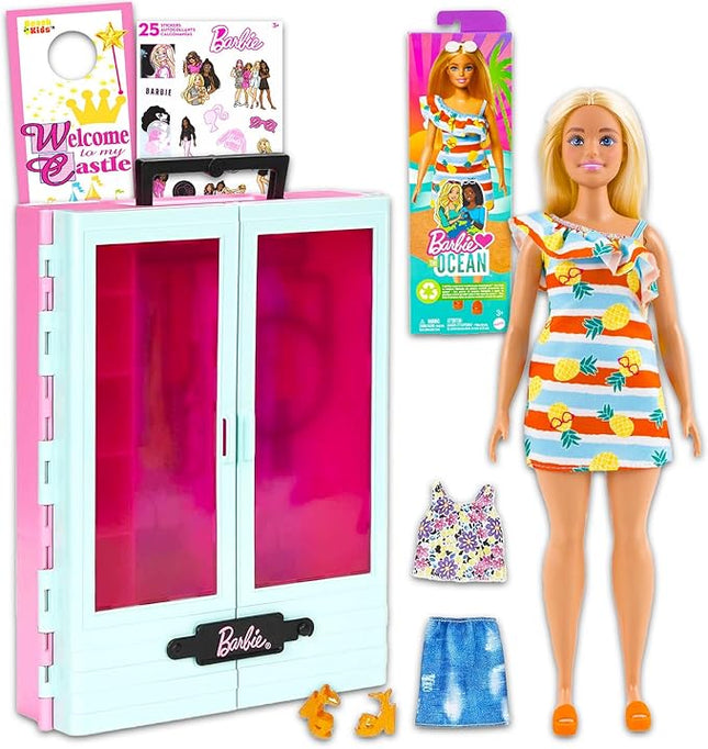Barbie Closet Playset and Doll - Bundle with Closet, 3 Outfits, 2 Pairs of Shoes, 2 Purses, Necklaces, Beach Doll, Stickers, More | Barbie Dress Up Accessories Set for Girls