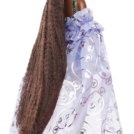 Barbie Extra Fancy Fashion Doll & Accessories Dressed in a Teddy-Print Gown with Sheer Train, Plus Teddy Bear Pet