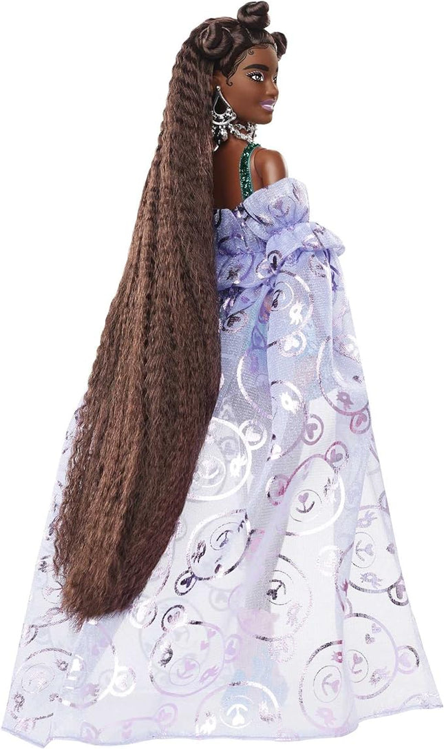 Barbie Extra Fancy Fashion Doll & Accessories Dressed in a Teddy-Print Gown with Sheer Train, Plus Teddy Bear Pet