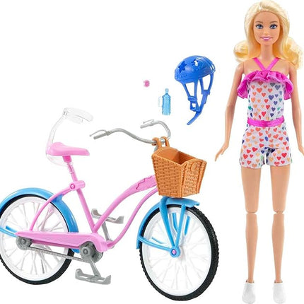 Barbie Doll and Bike Playset with Doll (11.5 in, Blonde), Bicycle with Rolling Wheels & Water Bottle Accessory, Gift for 3 to 7 Year Olds