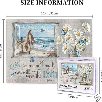 Christian Wooden Jigsaw Puzzle 500 Pieces for Adults - Scripture Art of Jesus Walking on Beach with Joshua 24:15 Bible Verse, Religious Gift for Stress Relief & Faith-Based Home Decor