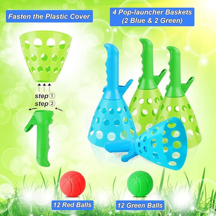 Duckura Outdoor Indoor Game Activities for Kids, Pop-Pass-Catch Ball Game with 4 Catch Launcher Baskets and 24 Balls, Easter Basket Stuffers Gifts Party Favors Beach Sport Toys for Kids Age 5 6 7 8 9+